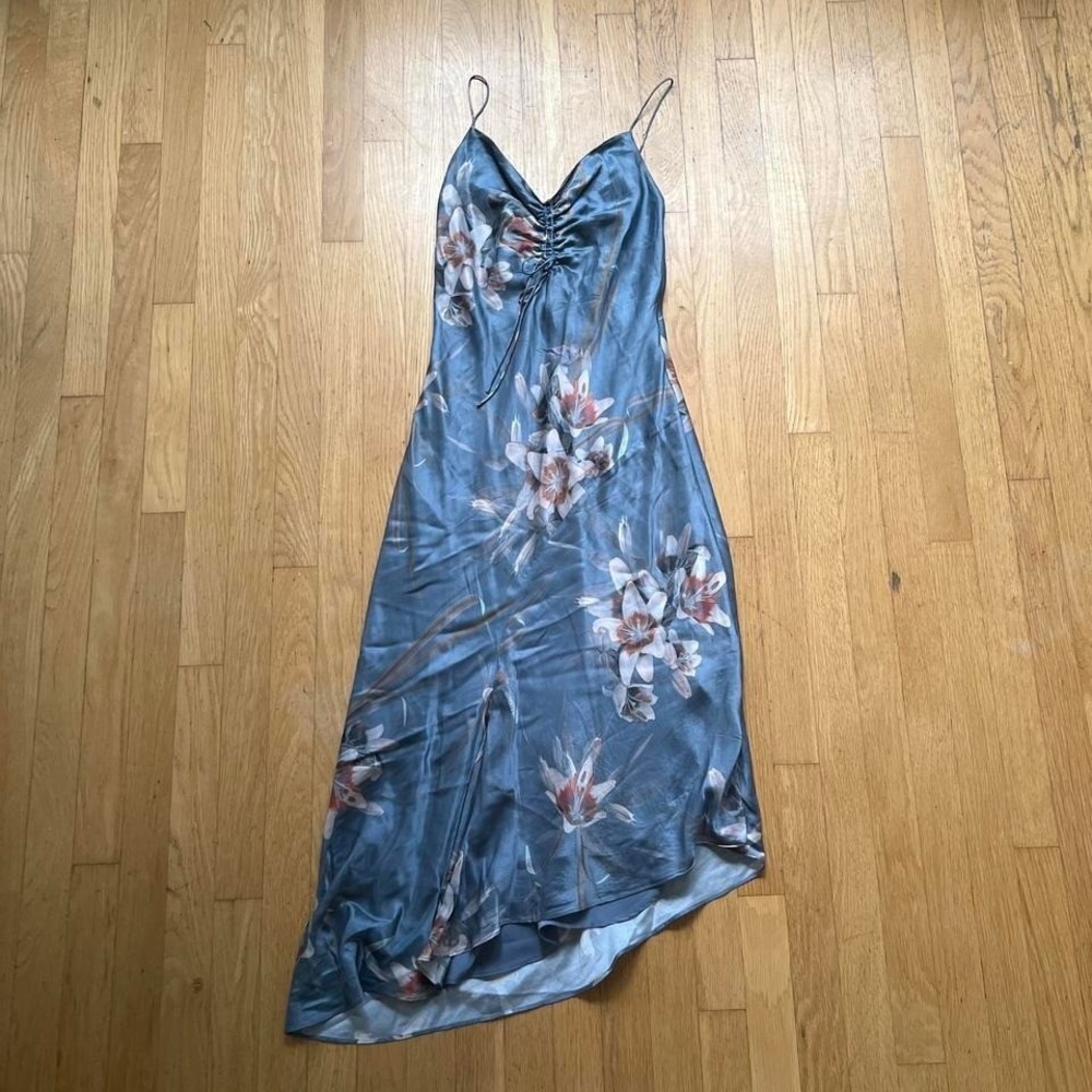 AllSaints Blue Floral Satin Maxi Dress Womens 4